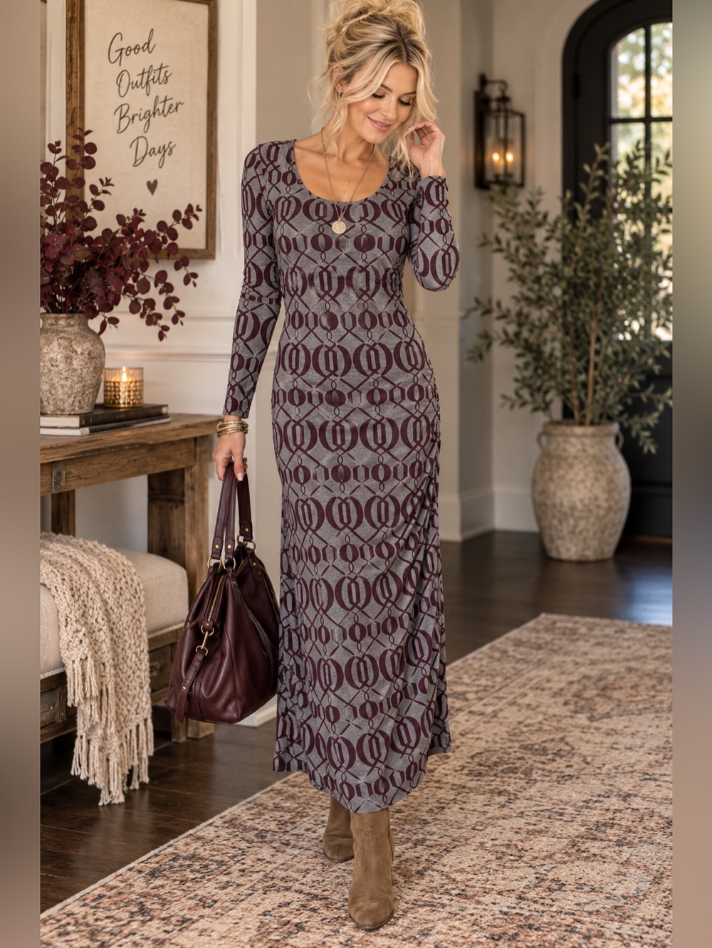 Monroe & Main Maxi Dress Size M Geometric Print Gray Burgundy Stretch Ruched Y2K